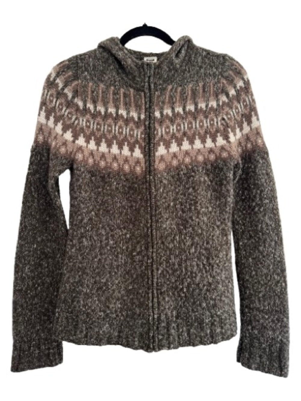 Vintage REI Brown Wool Cotton Hooded Fair Isle Zip Front Sweater Fair Isle